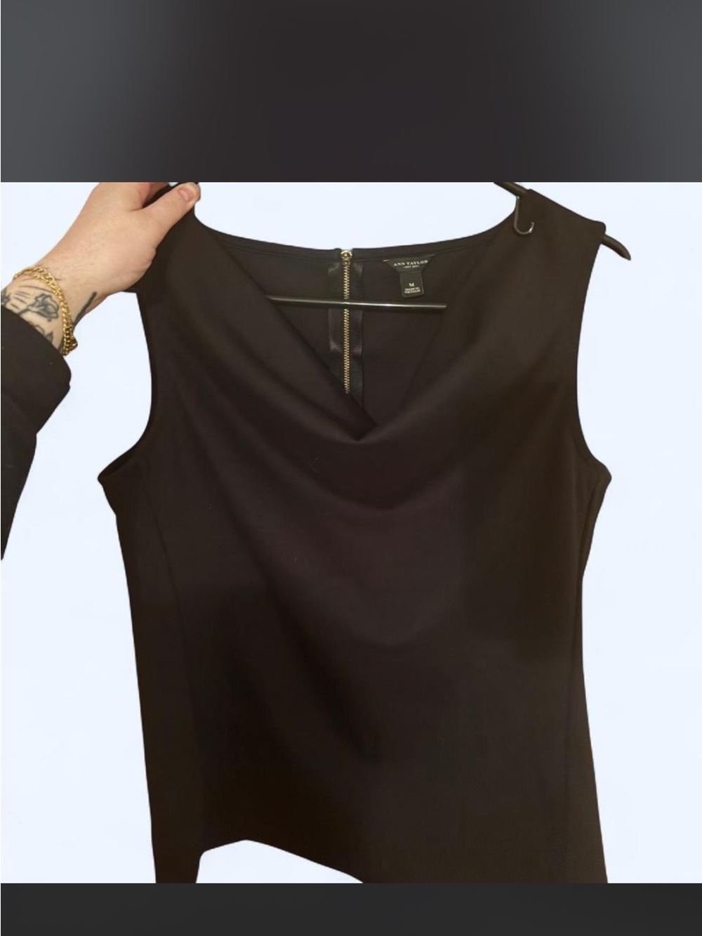 Ann Taylor Black Cowl Neck Top with Gold Zipper